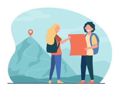 Tourists man and woman hiking in mountains with map and backpacks. Travelers adventure flat vector illustration. Leisure activity, tourism, travel concept for website design or landing web page